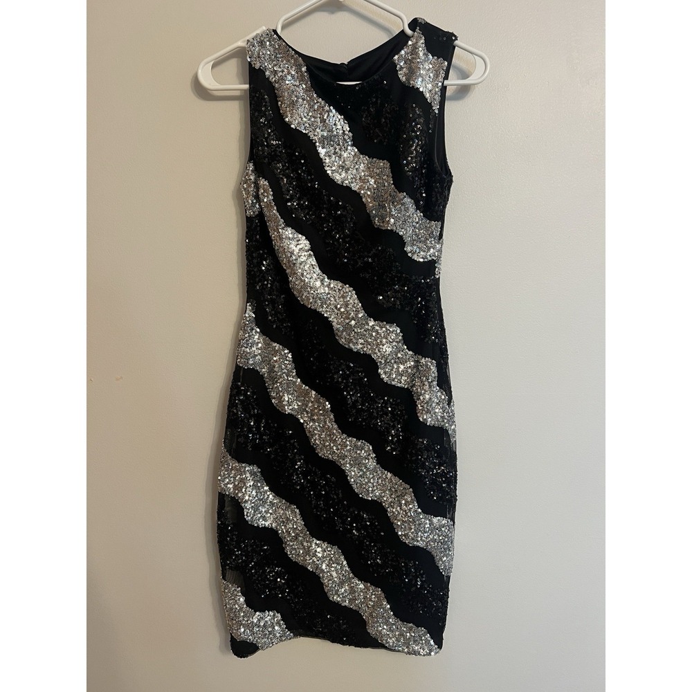 Caché VTG Black Sequined Silver Black Diagonal Sheath Mini Dress Zip Lined 2